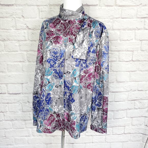 Vintage Blouse Polyester Gray Purple Floral Neck Tie Detail Fits a L/XL - Picture 6 of 12